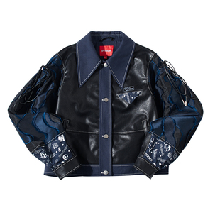 EPTISON外套女2025秋季新款PU皮衣复古短款拼接夹克设计感上衣