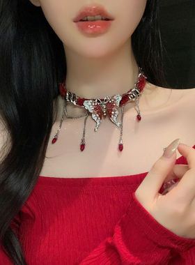 新疆包邮甜酷红色蝴蝶项圈小众个性夸张流苏项链女颈链choker饰品