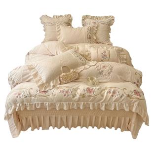 高端奢华刺绣A类牛奶绒四件套夹棉床盖款公主风荷叶花边被套冬季