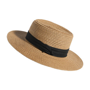 2025新款夏季遮阳帽法式平顶草帽女海边沙滩防晒编织帽子防紫外线