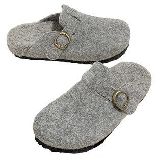 灰色厚底勃肯鞋女款2026新款春增高毛呢加绒棉鞋懒人包头拖鞋外穿