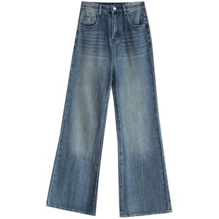 JWUNIQUE酒窝复古水洗蓝色牛仔裤女2026春秋时尚微喇叭拖地阔腿裤