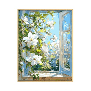 玉兰花数字油画diy填充填色手工绘花卉风景丙烯油彩画装饰画挂画