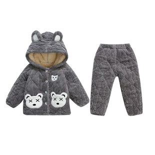 男孩冬季25小熊三层夹棉加绒加厚睡衣儿童装外出宝宝法兰绒家居服