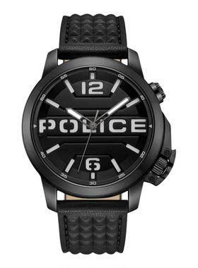 代购POLICE男士腕表夜光计时日期防水黑色皮带钢壳商务休闲手表