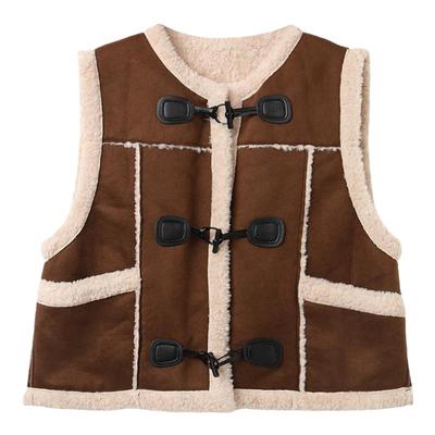 西町村屋复古撞色毛边设计马甲女秋冬新款气质短款背心XH9D10327