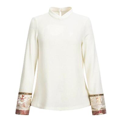 莨西子新中式国风立领套头毛衣女秋冬袖口拼接针织长袖打底衫上衣