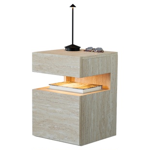 小户型洞石诧寂轻奢床头柜现代简约超窄床边柜复古卧室带灯储物柜