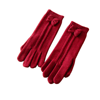 蛮文 手套都这么优雅！全羊毛材质蝴蝶结装饰针织保暖手套女5K002