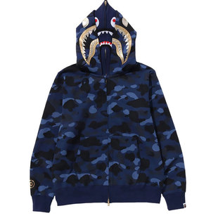 秋冬装潮牌鲨鱼迷彩双帽刺绣情侣宽松纯棉拉链开衫连帽外套卫衣女