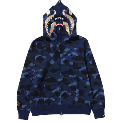 日系鲨鱼迷彩双帽开衫外套卫衣女