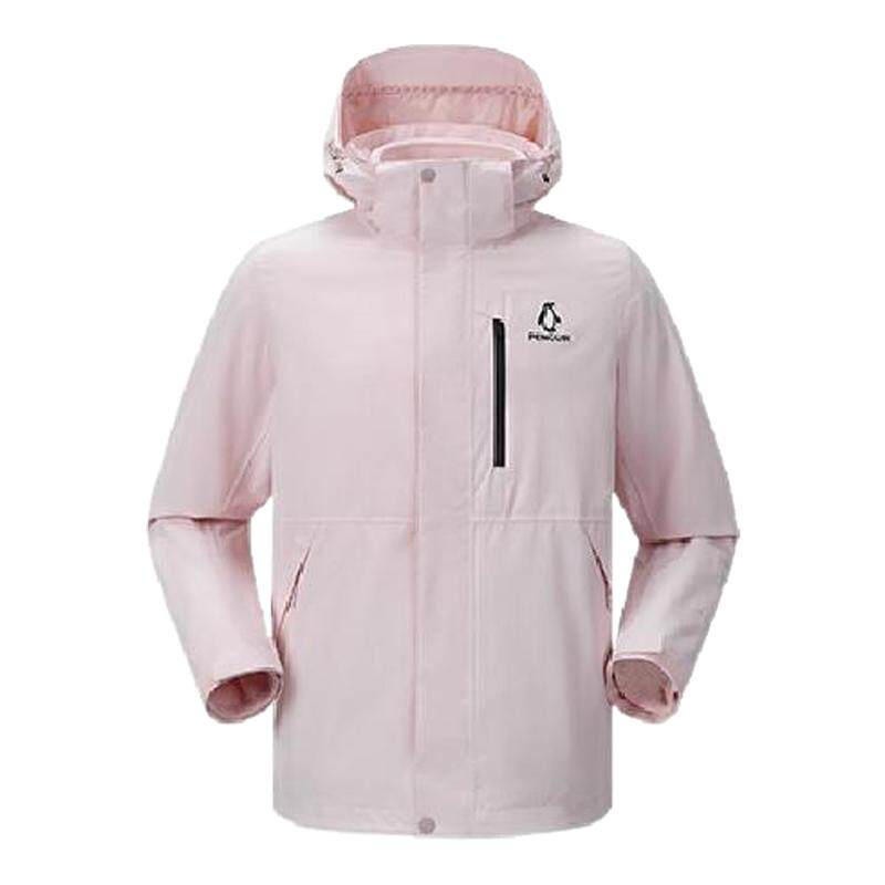 企鹅户外三合一冲锋衣女款粉色外套新款2026春夏登山服防风防水