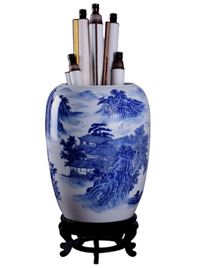 景德镇陶瓷青花瓷直筒收纳桶字画