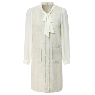 海青蓝气质小香风连衣裙女2025秋装新款系带领拼接粗花呢裙子