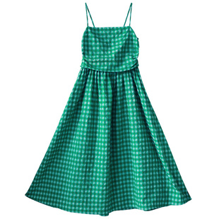 现货【观自在】法式绿方格子无袖吊带连衣裙女夏季高腰设计感长裙