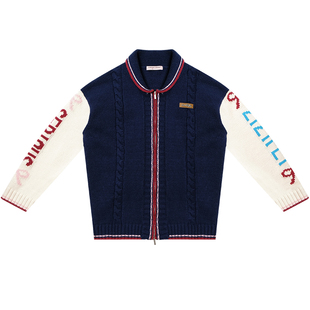 ziziFei秋冬季美式设计感撞色拼接字母娃娃领兔子毛衣开衫外套女