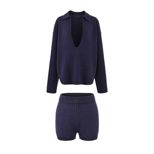 YoungGirlDay 慵懒氛围感大V领宽松显瘦针织毛衣高腰短裤休闲套装