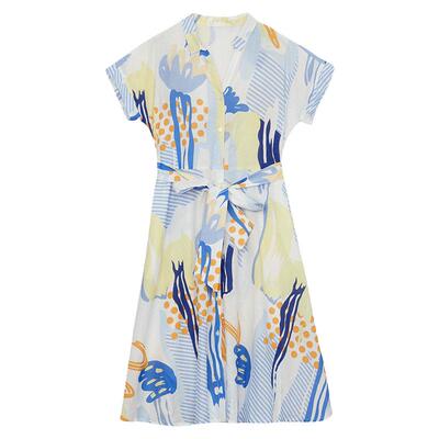 谜底复古花色V领连衣裙短袖夏季新款收腰长裙配腰带246ML7033