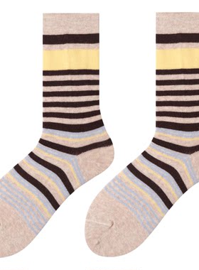 复古咖色袜子拼色条纹堆堆袜长袜