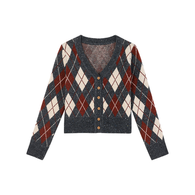 姜雯复古菱形格V领羊毛针织开衫