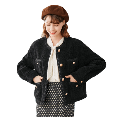 小个子短款羊羔绒毛呢外套百图