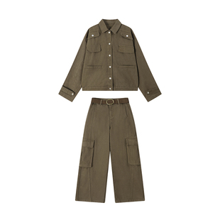 吴童童 翻领工装长袖牛仔外套女春季韩系高级感宽松开衫长裤套装