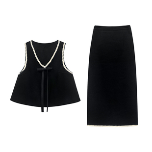 板栗西西【复古诗行】秋冬气质显瘦花边拼接马甲收腰半裙两件套