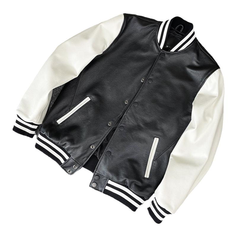 拼色头层小牛皮立领棒球服