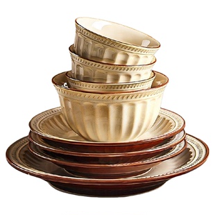 复古碗碟套装家用2026新款高颜值中古风餐具碗盘碗筷乔迁新居碗具