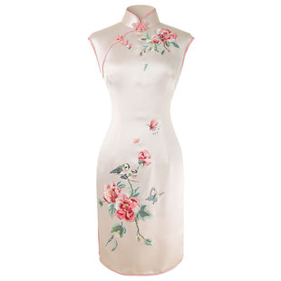 品尚华服量身定制珍珠白减龄优雅真丝花鸟刺绣修身复古短款旗袍女