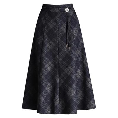 毛呢格子显瘦口袋大摆中长a字裙