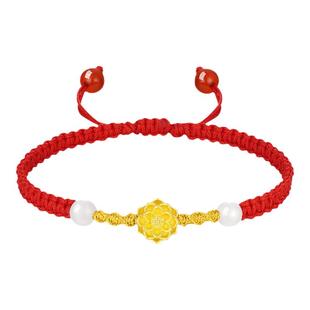 周大生黄金镶玉足金和田玉莲花本命年红绳手链编织新年礼物送女友