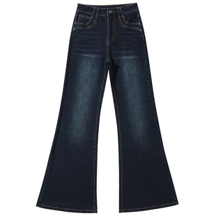 拉夏贝尔复古蓝加绒微喇牛仔裤女秋冬新款高腰显瘦小个子喇叭裤子