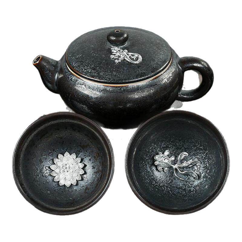 甲盏窑 李甲栈窑变天目银瓷套装整套功夫茶具套组茶杯家用 送礼