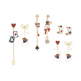 梦幻爱丽丝扑克长款耳环搞笑流苏耳饰不对称个性可爱兔子耳钉耳夹