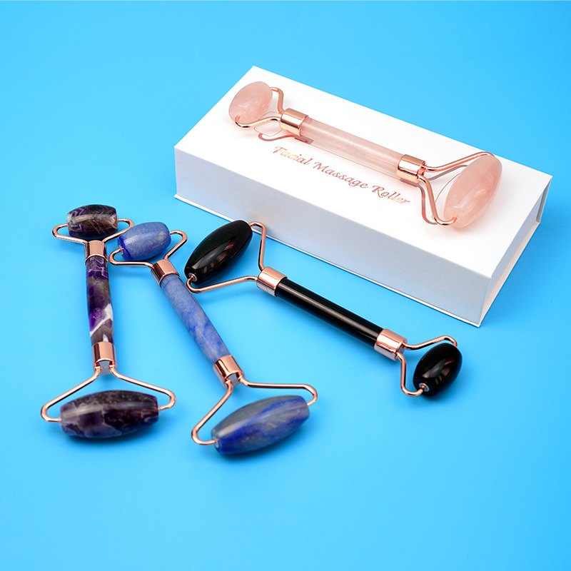 自然粉晶玉石玉石滚轮按摩滚轮脸部全身按摩器按摩背部美容套装