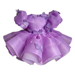欣入荷周岁女童紫色短款礼服蓬蓬裙网纱裙立体花朵蝴蝶主持人唱歌