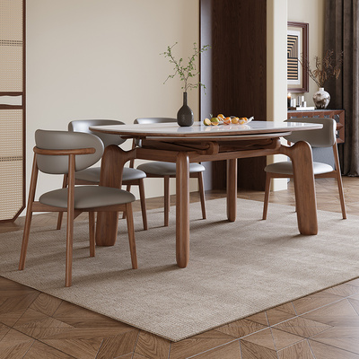 贵祺岩板餐桌椅组合家用小户型伸缩方圆两用桌奶油风实木【大件】