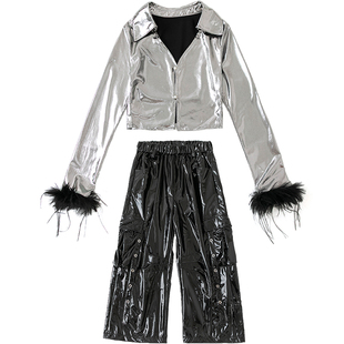 爵士舞女童走秀演出服儿童元旦街舞hiphop摇滚风皮套装嘻哈表演服