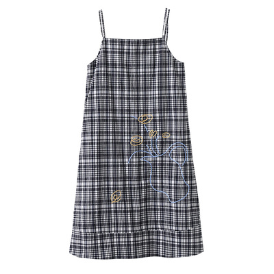 popchrio手绘刺绣一字肩格子裙