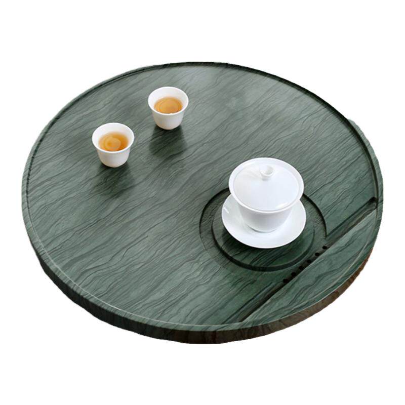 单层石头茶盘中式木纹石圆形小茶台办公室家用石头茶台石材茶海