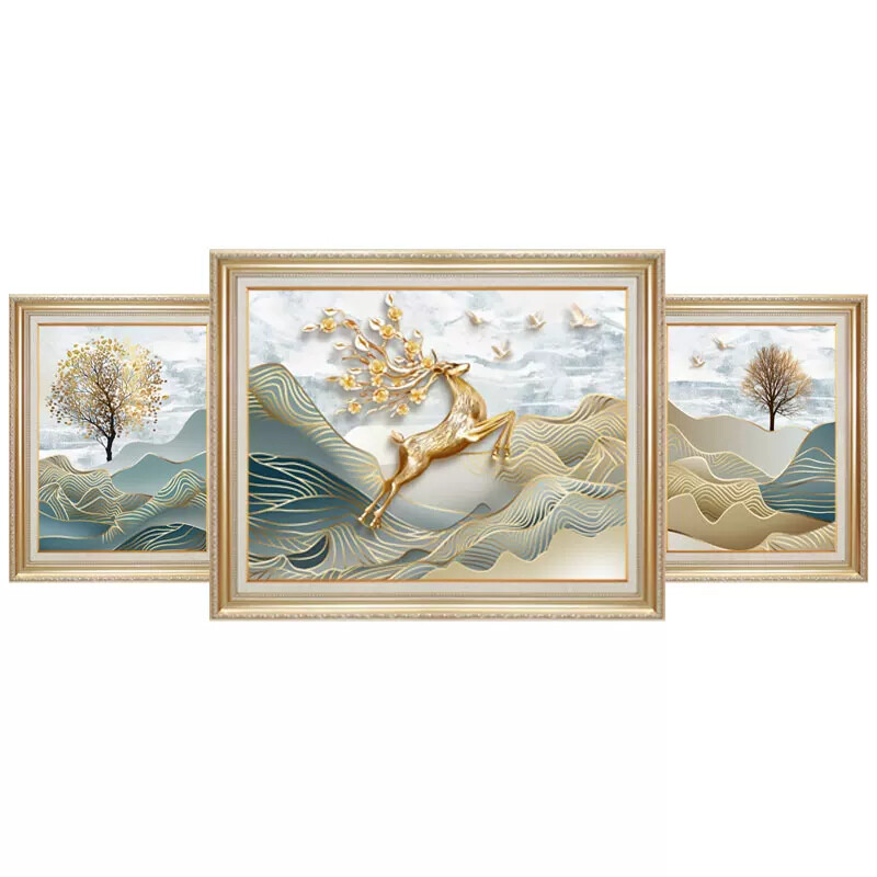 客厅沙发背景墙装饰画欧美式正品福鹿高升壁画法式奶油风三联挂画