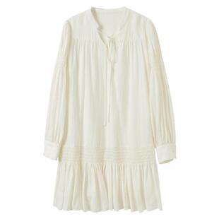 三彩2026春季新款系带V领灯笼袖宽松A字裙连衣裙小白裙短裙M