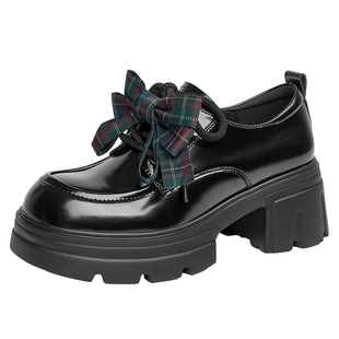 戈美其厚底乐福鞋黑色漆皮蝴蝶结系带百搭jk小皮鞋配裙子深口女鞋