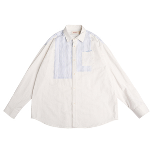 蒙马特先生 暖白色蓝条纹肌理拼接衬衫 小众复古高级感长袖衬衣秋