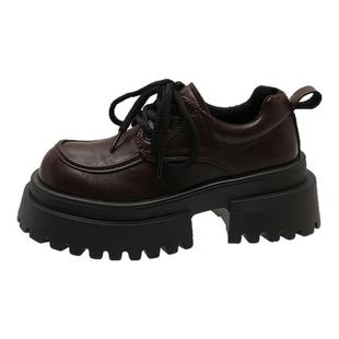 棕色增高厚底小皮鞋女2025新款秋冬百搭英伦风复古jk圆头系带单鞋