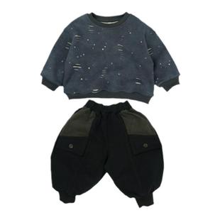 男童秋冬装2025新款韩版儿童加绒加厚卫衣男宝日系灯笼工装裤套装