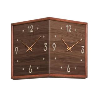 2026新款实木客厅转角时钟中古风高级感双面挂钟创意拐角壁灯钟表