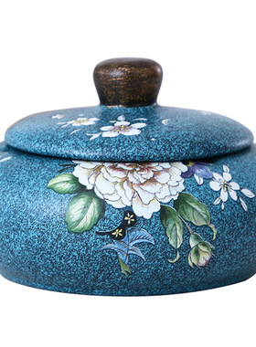 中式轻奢蓝色工艺彩绘陶瓷烟灰缸家用客厅茶几桌面摆件家居装饰品