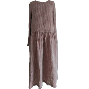 东方豆蔻原创新款夏款色织亚麻粉红小格子女式连衣裙长裙袍子